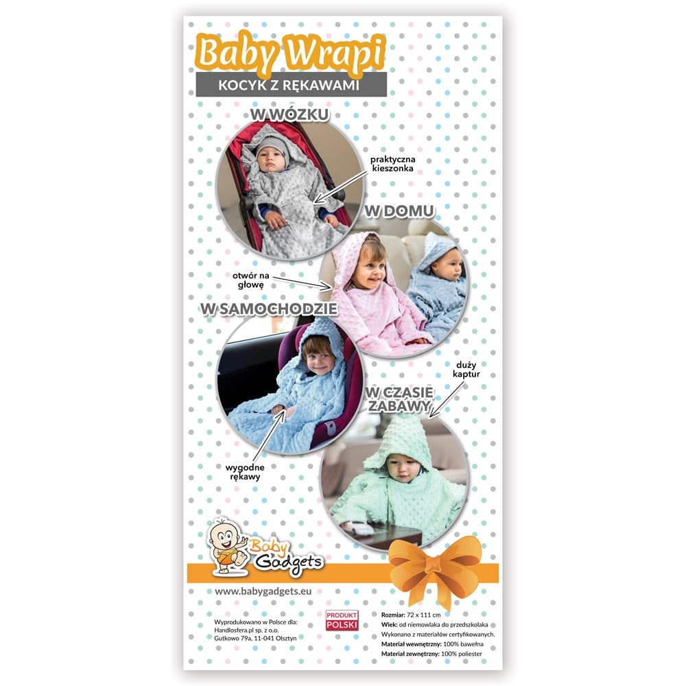 Kocyk z rękawami kapturem Mięta dla dziecka dzieci